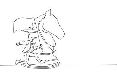 Tek sıra halinde büyük at satrancının yanında koşan ve bayrak tutan bir işadamı. İş başarısı hedefi, metafor kavramı. Modern sürekli çizgi çizimi tasarım grafik vektör çizimi