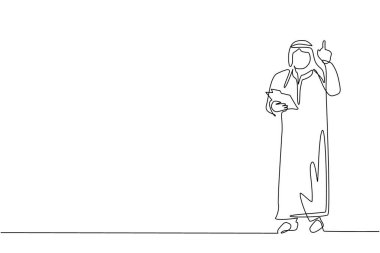 Geleneksel kıyafetler giymiş, pano tutan ve işaret parmağıyla işaret eden Arap bir işadamı çiziyor. Dosya defterini elinde tutan kişi. Tek çizgi çizimi tasarım vektör çizimi