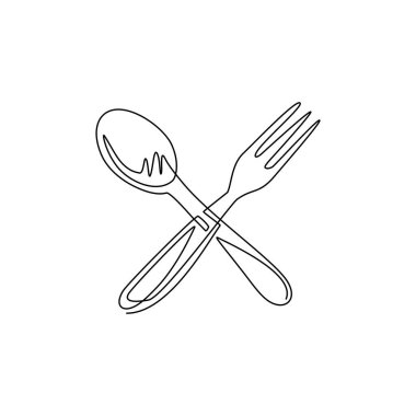 Çatal kaşık logosu çizen tek çizgi. Lezzetli yemek teslimatı, yemek şirketi restoranı, fast food bölgesi sembolü izole edilmiş. Modern sürekli çizgi çizimi tasarım grafik vektör çizimi