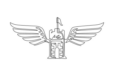 Sürekli bir çizgi halinde kanatlı antik kale amblemi çiziyor. Hanedan arması, klasik logo. İzole edilmiş beyaz arka planda eski tarzda bir logo. Tek çizgi çizimi tasarım vektör çizimi