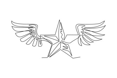 Sürekli bir çizgi halinde kanatlı kadim beşgen yıldız amblemi, en iyisi. Heraldik tasarım element dekorasyonu, premium sembol. Retro stil etiketi, heraldry logosu. Tek çizgi çizme vektör illüstrasyonu
