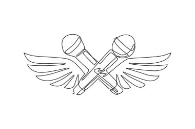 Sürekli bir çizgi halinde kanatlı iki çapraz mikrofon. Müzik notaları kullanılarak bestelenmiş karaoke partisi promosyon poster tasarımı. Rap savaşı konsepti, iki aşamalı mikrofon. Tek çizgi çizme tasarım vektörü