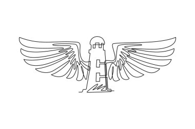 Tek bir çizgi el çizimi ile deniz fenerinin kanatlı çizimi. Kanatlı bir güvenli ev çizimi. Kart için şablon, poster, afiş, tişört için baskı. Devamlı çizgi çizimi grafik vektörü