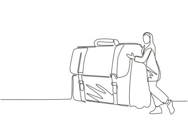 Sürekli neşeli bir Arap iş kadını çiziyor bavuluna para dolduruyor. Arap patronu ve parası olan bir dava. Başarılı iş zevki hedefi. Tek çizgi çizimi tasarım vektörü grafik çizimi