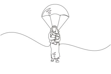 Arap işadamlarının çantalarını tuttukları ve paraşütle atladıkları tek sıra. İş adamları paraşütçü tehlikeyi ve güvenlik konseptini göze alır. Bir çizgi çizimi grafik tasarım vektör çizimi