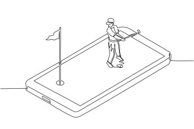 Akıllı telefon ekranında golf oynayan erkek golfçüyü çizmeye devam et. Profesyonel spor müsabakası: Golf, golf sopası ve mobil uygulama. Tek çizgi çizimi tasarım vektör çizimi