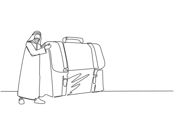 Een Enkele Lijn Trekt Vreugdevolle Arabische Zakenman Knuffelt Koffer Met — Stockvector