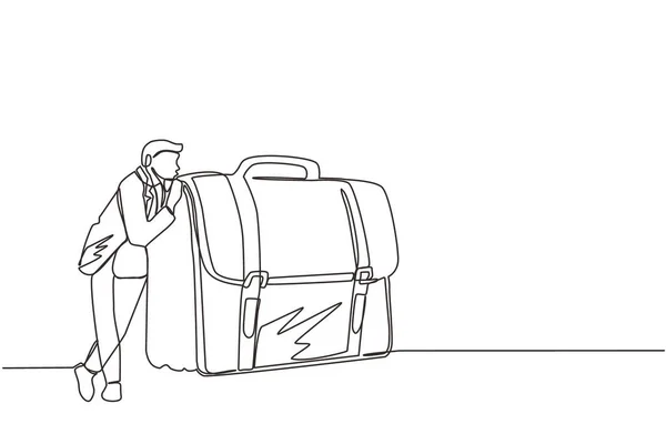 お金で楽しいビジネスマンの抱擁のスーツケースを描く1行 ハッピーボスと現金でケース 成功したビジネスの喜びの目標 現代の連続線画デザイングラフィックベクトルイラスト — ストックベクタ