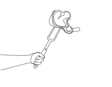 Çatalda bifteği tutan tek bir çizgi. Barbekü, çatalın üzerinde et parçaları, yemek eti, biftekli el çizimi. Izgara piknik şablonu. Devamlı çizgi çizimi grafik vektörü