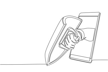 Tek sıra halinde, cep telefonuyla kalkanı tutan savaşçı elini çekiyor. Mobil oyunlar, e-spor, akıllı telefonlar için eğlence uygulaması. Bir çizgi çizimi tasarım vektörü illüstrasyonu