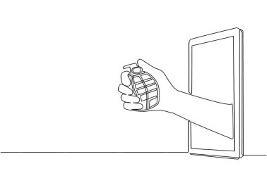 El bombasını cep telefonundan sürekli çeken bir hat. Savaş oyunları, e-spor, akıllı telefonlar için eğlence uygulaması kavramı. Tek çizgi çizimi tasarım vektör çizimi