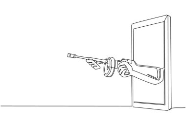 Thompson makineli tüfeğini cep telefonundan tutan tek bir hat var. Mafya video oyunları, e-spor, akıllı telefonlar için eğlence uygulaması kavramı. Bir çizgi çizme tasarım vektörü
