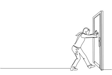 İşkadını beyaz ahşap kapı çerçevesinde kapalı kapıyı itiyor. İş sorunları. Başarı için güç. Kapalı kapılar açılıyor. Tek çizgi çizimi tasarım vektör çizimi