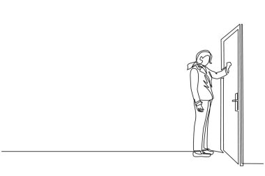 Tek sıra halinde iş kadını kapıyı çalıyor. Odanın girişinde duran bir kadın kapıyı çalıyor. İş ceketli bir kadın kapıyı çalıyor. Devamlı çizgi çizimi grafik vektörü