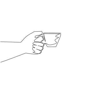 Tek bir çizgili el bir fincan sıcak kahveyi tutuyor. Bir fincan çay ya da kahve. Kahve molası. Restoran ya da kafe içeceği menüsü için. Aralıksız çizgi çizimi tasarım grafik vektör çizimi