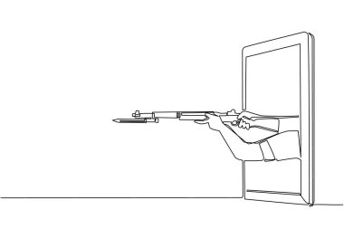 Tek sıra halinde, cep telefonuna bağlı süngüyle el ele tutuşan bir tüfek. Savaş oyunları, e-spor, akıllı telefonlar için eğlence uygulaması kavramı. Bir çizgi çizme tasarım vektörü