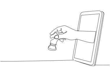 Tek sıra halinde çizen oyuncu cep telefonuyla satranç şövalyesi atını tutuyor. Satranç uygulamalı akıllı telefon. Mobil spor akış şampiyonluğu. Dinamik bir çizgi grafik tasarım vektörü