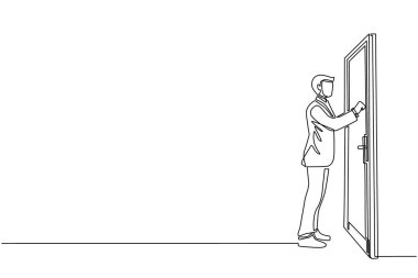 Tek sıra halinde bir işadamı kapıyı çalıyor. Odanın girişinde duran bir adam kapıyı çalıyor. Takım elbiseli bir erkek kapıyı çalıyor. Aralıksız çizgi çizimi tasarım grafik vektör çizimi