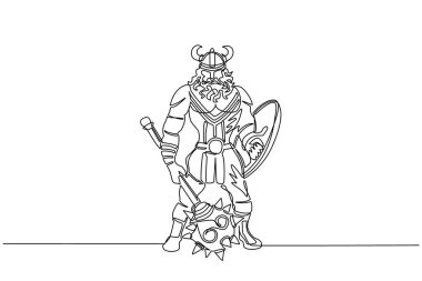 Tek sıra halinde boynuzlu miğfer takmış elinde topuz ve kalkan tutan savaşçı adam çiziyor. Çizgi film karakteri erkek, silahlı, kavgacı bir duruşu var. Dinamik bir çizgi grafik tasarım vektörü