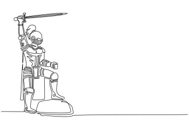 Zırhı ve miğferi olan bir ortaçağ şövalyesinin kalkanı taşıması ve kayanın üzerinde duran kılıcı kaldırması. Eski bir savaşçı. Tek çizgi çizimi tasarım vektörü grafik çizimi