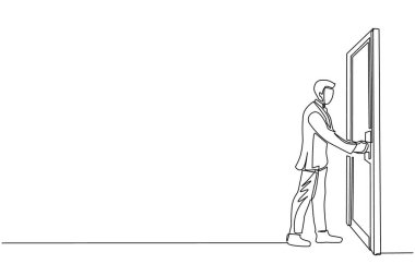 Kapı tokmağı tutan tek sıra halinde iş adamı. Ofis binasındaki odaya giriyorum. Kapıyı açıp çalışma alanına girmek için kapı kolu tutan adam. Dinamik bir çizgi grafik tasarım vektörü