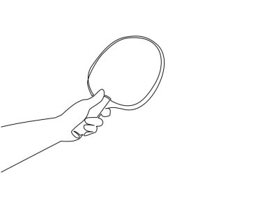 Masa tenisi sopasıyla oyuncu eli çizen tek çizgi. Beyaz arka planda el ele tutuşan masa tenisi raketi. Açık hava yaz aktivitesi. Dinamik bir çizgi grafik tasarım vektörü