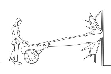 Tek sıra halinde işadamı kapının önünde top ateşliyor ve kapıyı yok ediyor. Girişlerin engelini kaldırmak, kaba kuvvetle engelleri ortadan kaldırmak. Devamlı çizgi tasarım grafik vektörü