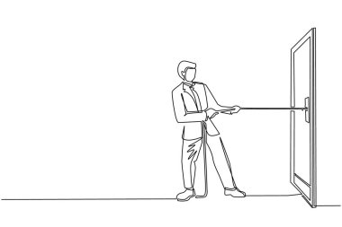 Tek sıra halinde işadamlarının sürükleme kapısına halat çekmesi, büyük bir sorunla yüzleşmenin metaforu. İş sorunları. Başarı için güç. Dinamik bir çizgi çizer grafik tasarım vektörü çizer