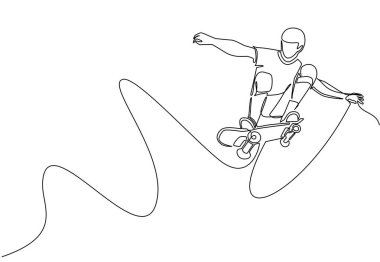 Tek sıra halinde kaykaylı genç bir kaykaycı çiziyor ve kaykay parkında atlama numarası yapıyor. Aşırı gençlik sporu. Sağlıklı spor yaşam tarzı konsepti. Devamlı çizgi çizim tasarım vektörü