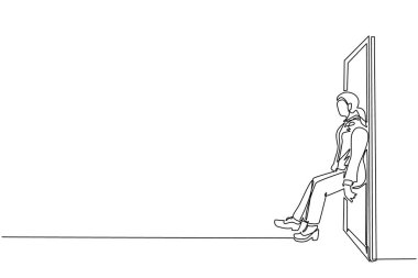 Tek sıra halinde, iş kadını sırtını kapıya dayıyor. İş sorunları. Başarı için güç. Engelleri aşma konsepti. Modern sürekli çizgi çizim grafik vektörü