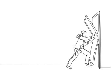 Genç iş kadınının kapıyı yumruklayıp parçaladığı bir satır. Girişlerin engelini kaldırmak, zorlukların üstesinden gelmek, güç kullanarak engelleri ortadan kaldırmak. Tek çizgi çizme tasarım vektörü