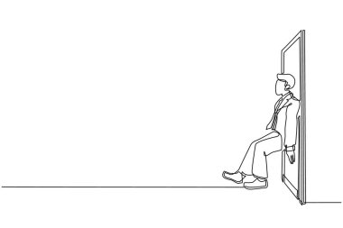 Tek sıra halinde iş adamı kapıyı sırtından itiyor. İş sorunları. Başarı için güç. Engelleri aşma konsepti. Dinamik bir çizgi grafik tasarım vektörü