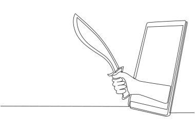 Sürekli tek bir hat halinde cep telefonuna eğri bıçakla el ele tutuşan palalar. Mobil oyunlar, e-spor, akıllı telefonlar için eğlence uygulaması. Tek çizgi çizme tasarım vektörü