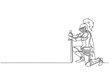 Tek sıra halinde diz çöküp bağlılık yemini eden ortaçağ savaşçıları. Zırhlı bir şövalye elinde kılıçla diz çöküp yemin ediyor. Modern sürekli çizgi çizimi tasarım grafik vektör çizimi