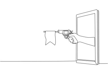 Cep telefonuna boş bayrak doğrultulmuş oyuncak tabancayla sürekli el ele tutuşan bir çizgi. Video oyunları, e-spor, akıllı telefonlar için eğlence uygulaması kavramı. Tek çizgi çizme tasarım vektörü