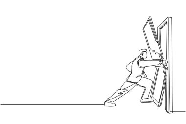 Sürekli bir çizgi halinde işadamı kapıyı yumrukluyor ve yok ediyor. Girişler engelini kaldırır, zorlukları aşar, güç kullanarak engelleri ortadan kaldırır. Tek çizgi çizme tasarım vektörü