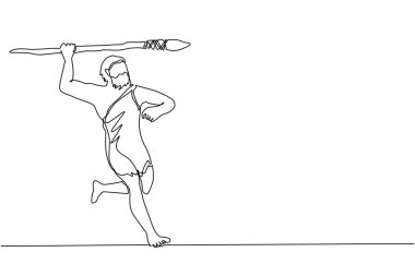 İlkel insanların hayvan avlamasını sağlayan tek bir çizgi. Taş devri avcısı, taş mızraklı eski bir hayvanı avlayan adam tarih öncesi dönemin silahlı mağara adamı. Bir çizgi çizme tasarım vektörü