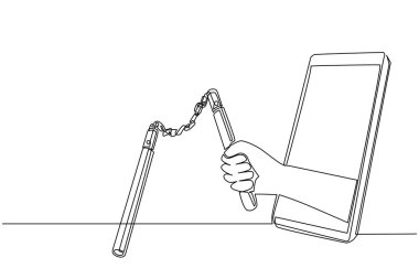 Tek sıra halinde cep telefonuyla mınçıka çiziyor. Video oyunları, e-spor, akıllı telefonlar için eğlence uygulaması kavramı. Modern sürekli çizgi çizimi tasarım vektörü illüstrasyonu