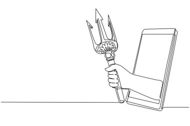 Tek sıra halinde cep telefonuyla mızrak tutarak el çiziyor. Video oyunları, e-spor, akıllı telefonlar için eğlence uygulaması kavramı. Bir çizgi çizimi grafik tasarım vektör çizimi