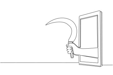 Çiftlik orağını cep telefonuyla tutan tek sıra halinde. Çiftçilik video oyunları, e-spor, akıllı telefonlar için eğlence uygulaması. Bir çizgi çizimi grafik tasarım vektörü