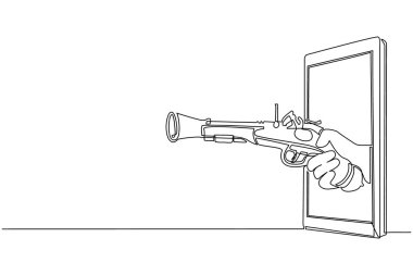 Sürekli bir çizgi çizerek eski çakmaktaşı tabancasını cep telefonuna doğrultuyor. Korsan video oyunları, e-spor, akıllı telefonlar için eğlence uygulaması kavramı. Tek çizgi çizme tasarım vektörü