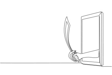 Devamlı tek sıra halinde cep telefonuyla Cutlass korsan kılıcını tutuyor. Korsanların bilgisayar oyunları, e-spor, akıllı telefonlar için eğlence uygulaması kavramı. Tek çizgi çizme tasarım vektörü