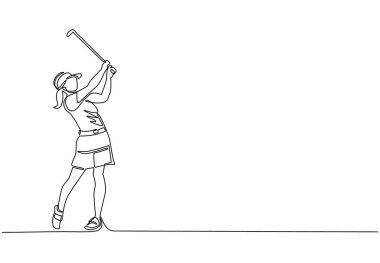 Tek sıra halinde genç bayan golfçü golf sopasını çekiyor ve topa vuruyor. Eğlence sporu konsepti. Profesyonel golf turnuvası. Sağlıklı bir yaşam tarzı. Bir çizgi çizimi grafik tasarım vektörü