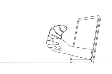 Tek sıra halinde insan elini cep telefonuyla taze pişmiş kruvasan tutarken. Restoran siparişi çevrimiçi yemek. Akıllı telefonlar için başvuru formu. Bir çizgi çizme tasarım vektörü