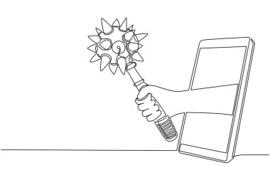 Tek sıra halinde ortaçağa ait topuz silahını cep telefonuyla tutuyor. Video oyunları, e-spor, akıllı telefonlar için eğlence uygulaması kavramı. Tek çizgi çizimi tasarım vektörü grafiği