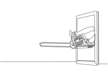 Tek sıra halinde cep telefonundan elektrikli testereyle çizilmiş. Oduncu video oyunları, e-spor, akıllı telefonlar için eğlence uygulaması kavramı. Devamlı çizgi çizimi grafik vektörü