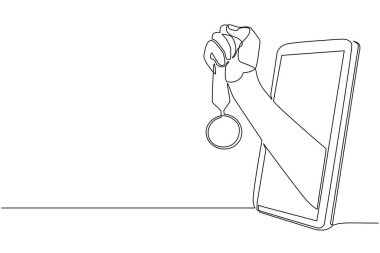 Sürekli çizen bir oyuncu cep telefonuyla altın madalyayı tutuyor. Uygulamalı spor oyunları olan akıllı telefon. Mobil spor akış şampiyonluğu. Tek çizgi çizimi tasarım vektörü grafik çizimi