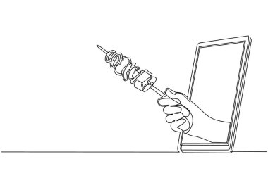 Tek sıra halinde el ele tutuşup cep telefonundan kebap yiyor. Restoran siparişi çevrimiçi yemek. Akıllı telefonlar için başvuru formu. Bir çizgi çizimi grafik tasarım vektör çizimi