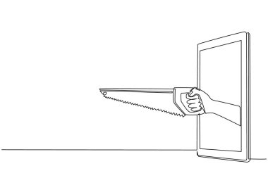 Sürekli el ele tutuşan tek bir hat var. Testereyi cep telefonundan çekiyor. Oduncu video oyunları, e-spor, akıllı telefonlar için eğlence uygulaması kavramı. Dinamik bir çizgi grafik tasarım vektörü