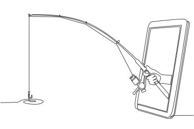Balıkçıların elinde cep telefonuyla olta tutarken sürekli bir çizgi. Uygulama balıkçılık oyunlu akıllı telefon. Mobil spor akış şampiyonluğu. Tek çizgi çizimi tasarım vektör çizimi